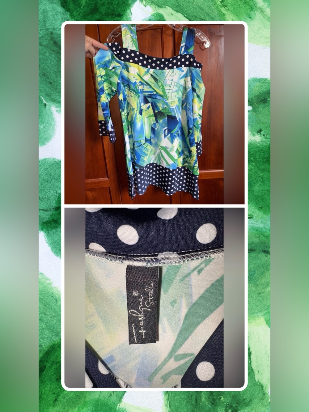 Fashion Nova Vibrant Blue and Green Blouse with‎ Polka Dots #1453